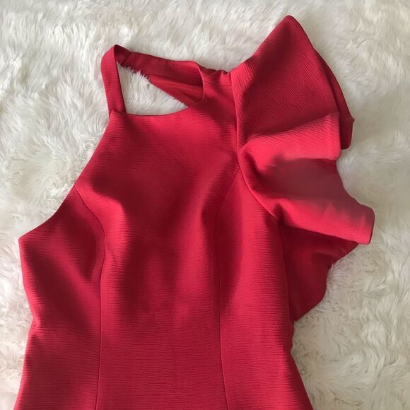 C\MEO Collective Red One Shoulder Fitted Midi Dress Thigh Slit Cocktail XS New - Picture 4 of 16
